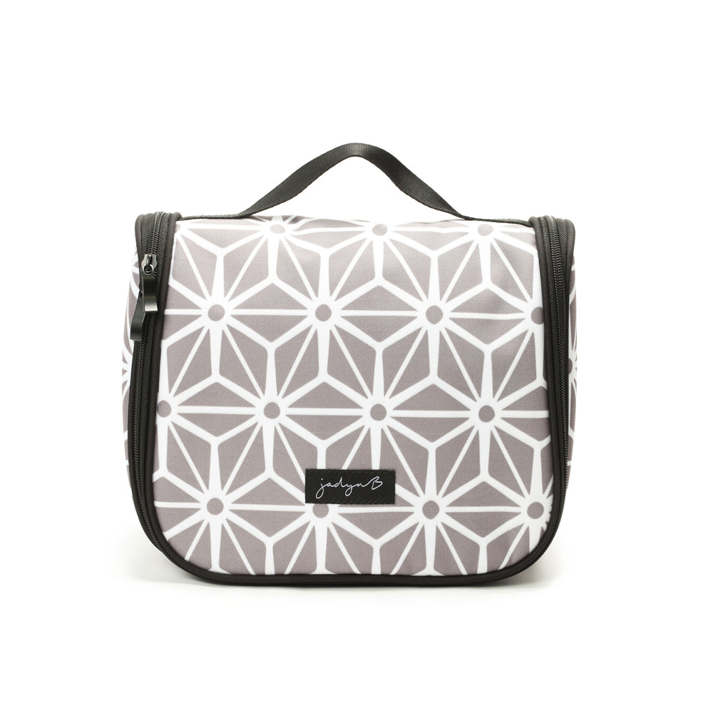 hanging toiletry bag geometric gray front view travel cosmetic organizer